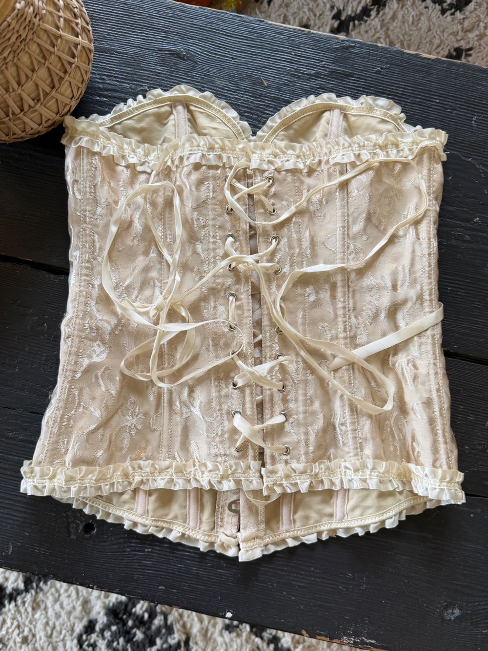 Ivory Lace-Up Brocade Corset Bustier Satin Top L NWOT - Picture 13 of 16